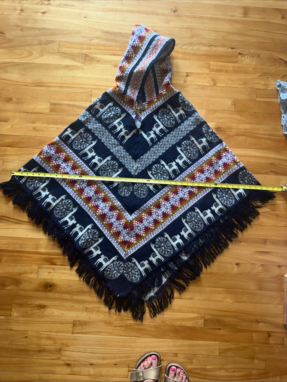 Hooded Llama Alpaca Print Poncho Cape Fringe Southwestern Boho One Size - Picture 7 of 10